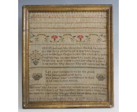 A George IV needlework alphabet and verse sampler, by Mary Ann Coy Billinghay and dated March 22nd 1830, 34 x 29cmSome losses