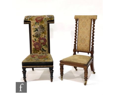 A late Victorian prie dieu or prayer chair, the ebonised frame upholstered in Berlin beadwork tapestry fabric, together with 