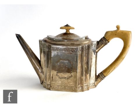 A George III hallmarked silver tea pot, of oval outline and ribbed sides, with presentation inscription to... General Post Of