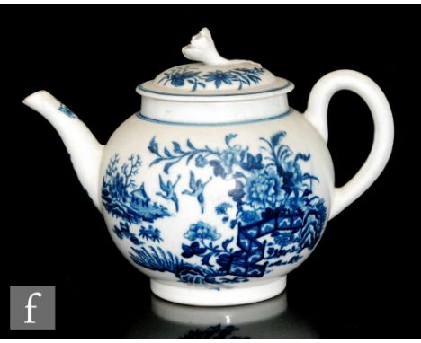 A late 18th Century Worcester globular teapot decorated in the underglaze blue and white Fence pattern, crescent mark, height