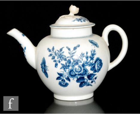 A late 18th Century globular teapot in the underglaze blue and white Three Flowers pattern, crescent mark, height 13cm, S/D. 