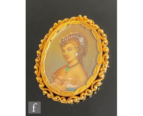 A mid 20th Century 18ct oval portrait brooch, head and shoulder study of a lady with stone set detail to hair and pendant, le