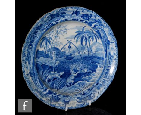 A 19th century Spode plate, blue and white transfer printed in the Common Wolf Trap pattern from the Indian Sporting Series, 