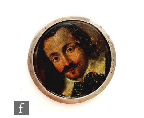 A late 17th Century miniature portrait possibly of Charles I wearing a high white collar, in a silver frame, painted on a cop