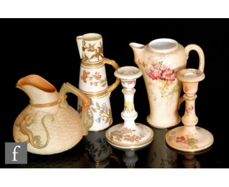 A collection of assorted late 19th and early 20th Century Royal Worcester blush ivory comprising a shape 1714 sack jug decora