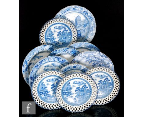 Four 19th Century blue and white ribbon plates each decorated with Chinoiserie Willow type decoration with pierced border edg