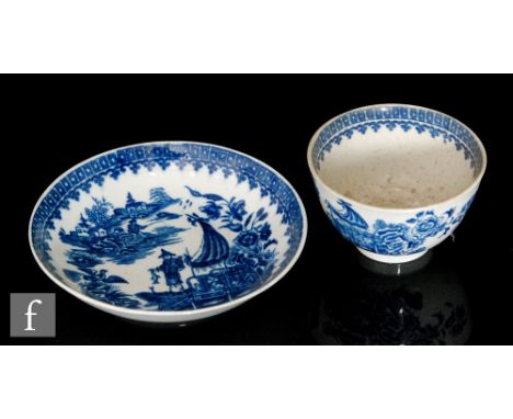A late 18th Century Worcester teabowl and saucer decorated in the underglaze blue and white&nbsp;Fisherman and Cormorant patt