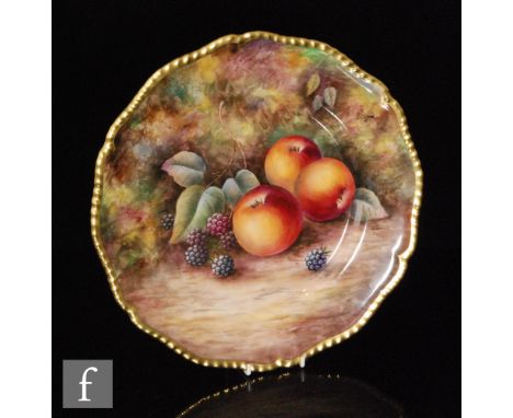 A later 20th Century Royal Worcester Fallen Fruits cabinet plate decorated by Skerett with hand painted apples and blackberri