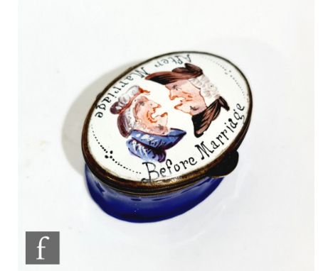 A 19th Century Bilston enamelled patch box Before Marriage, After Marriage, 5cm. 