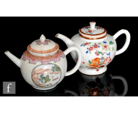 Two Chinese Qianlong period (1711-99) famille rose teapots, each of globular ovoid form, painted with landscapes and flowers 