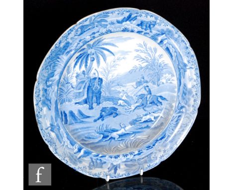 A 19th century Spode plate, blue and white transfer printed in the Death of the Bear pattern from the Indian Sporting Series,