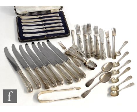 A small parcel lot of assorted hallmarked silver and white metal flatware to include a cased set of six butter knives,&nbsp;s