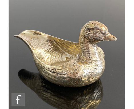 A Victorian hallmarked silver pap boat modelled as a duck with engraved feather details to body, length 13cm, weight 100g, Lo