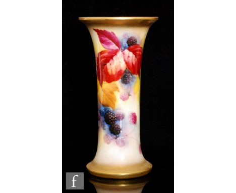 A 1930s Royal Worcester shape G323 trumpet vase panel decorated by Kitty Blake with hand painted autumnal fruits and berries,