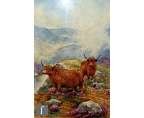 HARRY DAVIS (1885-1970) - Highland cattle in a misty mountain landscape, watercolour, signed, framed, 20cm x 13cm, frame size