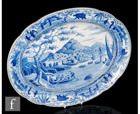A 19th century Spode oval dish, blue and white transfer printed in the Principle Entrance to the Harbour at Cacamo pattern, i