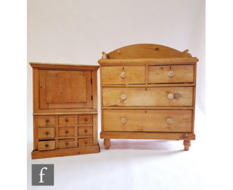 A Victorian stripped pine tray top dressing chest, height 110cm x depth 47cm x width 90cm, and a stripped pine spice cupboard