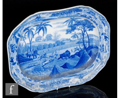 An early 19th Century Spode blue and white meat plate or platter from the Indian Sporting Series, titled to the reverse DRIVI