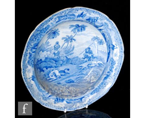 A 19th century Spode dish, blue and white transfer printed in the Chase After a Wolf pattern from the Indian Sporting Series,