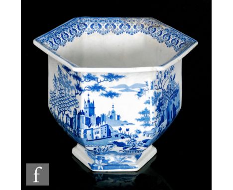A 19th Century Spode blue and white hexagonal jardiniere with Chinoiserie style decoration with castles framed with stylised 