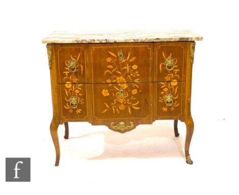 A 20th century Louis XIV style marquetry inlaid commode chest of two long drawers, circular brass drop handles, gilt metal mo
