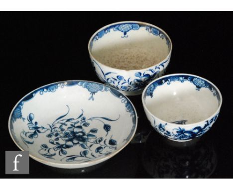 An 18th Century Worcester underglaze blue teabowl and saucer decorated in the Mansfield pattern, C mark to both, saucer diame
