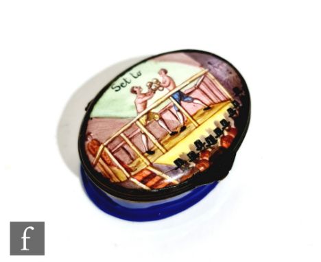 A 19th century Bilston enameled oval patch box with boxing scene titled 'Set to', with spectators, diameter 5cm.