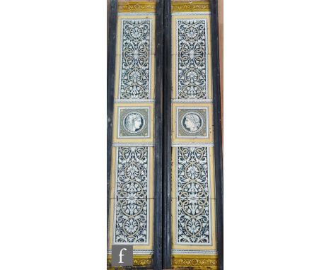 Two late 19th to early 20th Century fire place tile panels each formed as six 6in tiles framed with a 6in x 2in moulded tile,