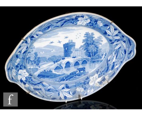 A 19th century Spode oval dish, blue and white transfer printed in the Bridges of Lucano pattern, printed Spode mark alongsid