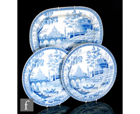 A small 19th Century blue and white Spode meat plate or platter decorated in the Tiber or Rome pattern, 32cm x 23.5cm, togeth