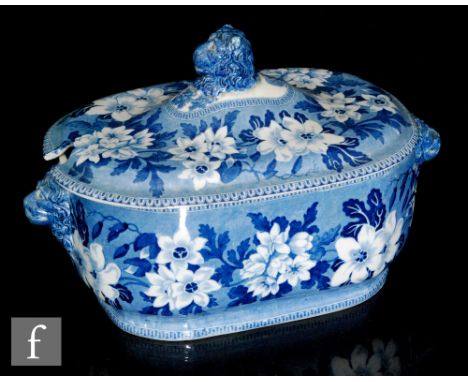 A large 19th Century Rogers blue and white rounded rectangular tureen and cover decorated to the exterior with large flowers 
