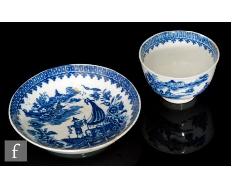 A late 18th Century Worcester teabowl and saucer decorated in the underglaze blue and white&nbsp;Fisherman and Cormorant patt