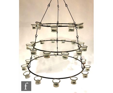 A modern 17th Century style iron tea light candle holder frame with lights, diameter 70cm. 