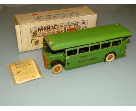 TRI-ANG MINIC PRE-WAR 52M SINGLE DECKER GREENLINE BUS with white tyres - in original box - with advertising leaflet and key i