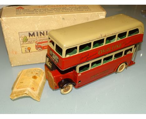 TRI-ANG MINIC PRE-WAR 60M DOUBLE DECKER LONDON TRANSPORT RED BUS with white tyres - in original box - with advertising leafle