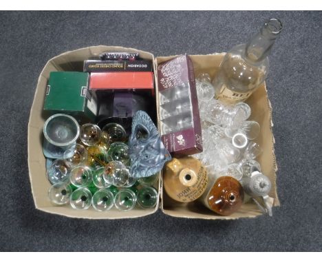 Two boxes containing assorted glass ware, Bells Scotch Whisky bottle, stoneware flagons etc 