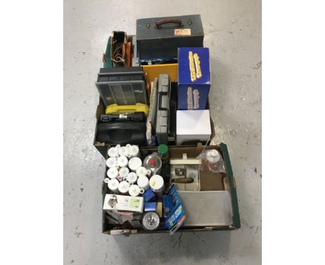 Three boxes containing assorted power tools, hand tools, storage boxes, sealant etc