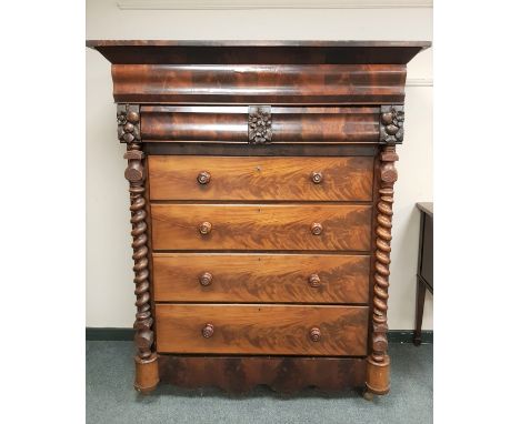 A Victorian mahogany Scotch chest with barleytwist supports, width 138 cm.