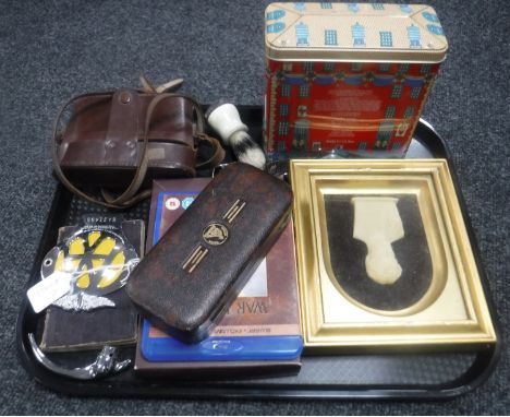 A tray containing AA badge, shaving brush, cased vintage camera, gilt framed bust, bottle opener, boxed hip flask etc