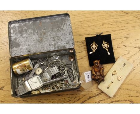 A pair of antique style yellow metal pendant earrings together with carved netsuke, Seiko alarm chronograph, jewellery etc.