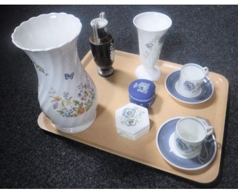 A tray containing a Aynsley Cottage Garden vase, Wedgwood Jasperware lidded pot together with a Wedgwood Susie Cooper lidded 