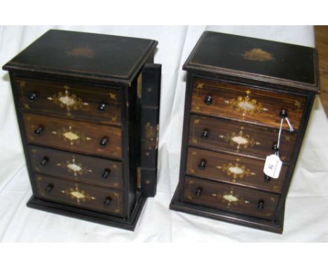 A pair of Mother-of-Pearl and brass inlaid amboyna four drawer collector's cabinets with lockable side flaps