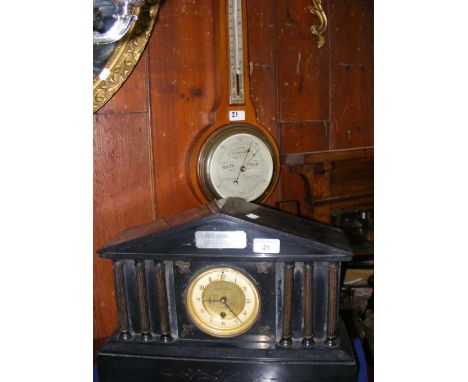 Slate cased mantel clock by Macklin & Sons, Salisbury and an aneroid wall barometer/thermometer