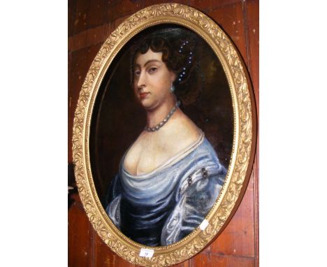 ENGLISH SCHOOL - 60cm x 45cm - oval oil on canvas portrait of lady with pearl necklace - in the manner of Lely - having signi