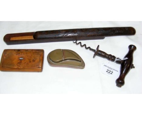 A wooden snuff box and one other, together with cork screw, etc.