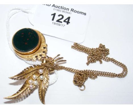 A 15ct gold mounted fob seal, seed pearl mounted fern brooch and a fine gold neck chain