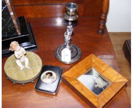 Plated candlestick with figural column, a framed portrait, etc.