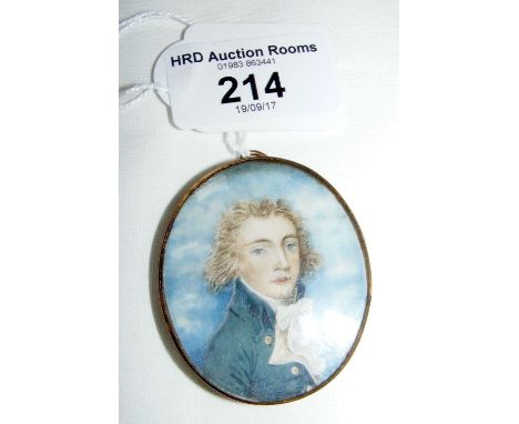 Early 19th century miniature on ivory, the reverse with gold initials J R and lock of hair