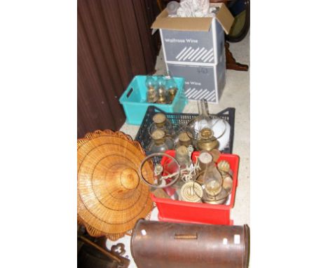 Selection of oil lamps, hydrometers, a sewing machine, pair of lamp shades, etc.