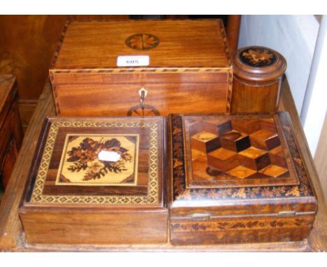 Inlaid tea caddy, Tunbridge ware box, etc.